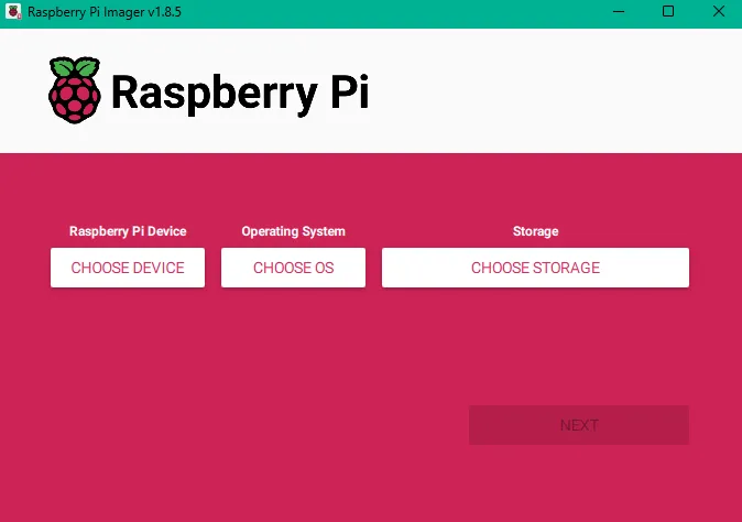 Startup screen of Raspberry Pi Imager app
